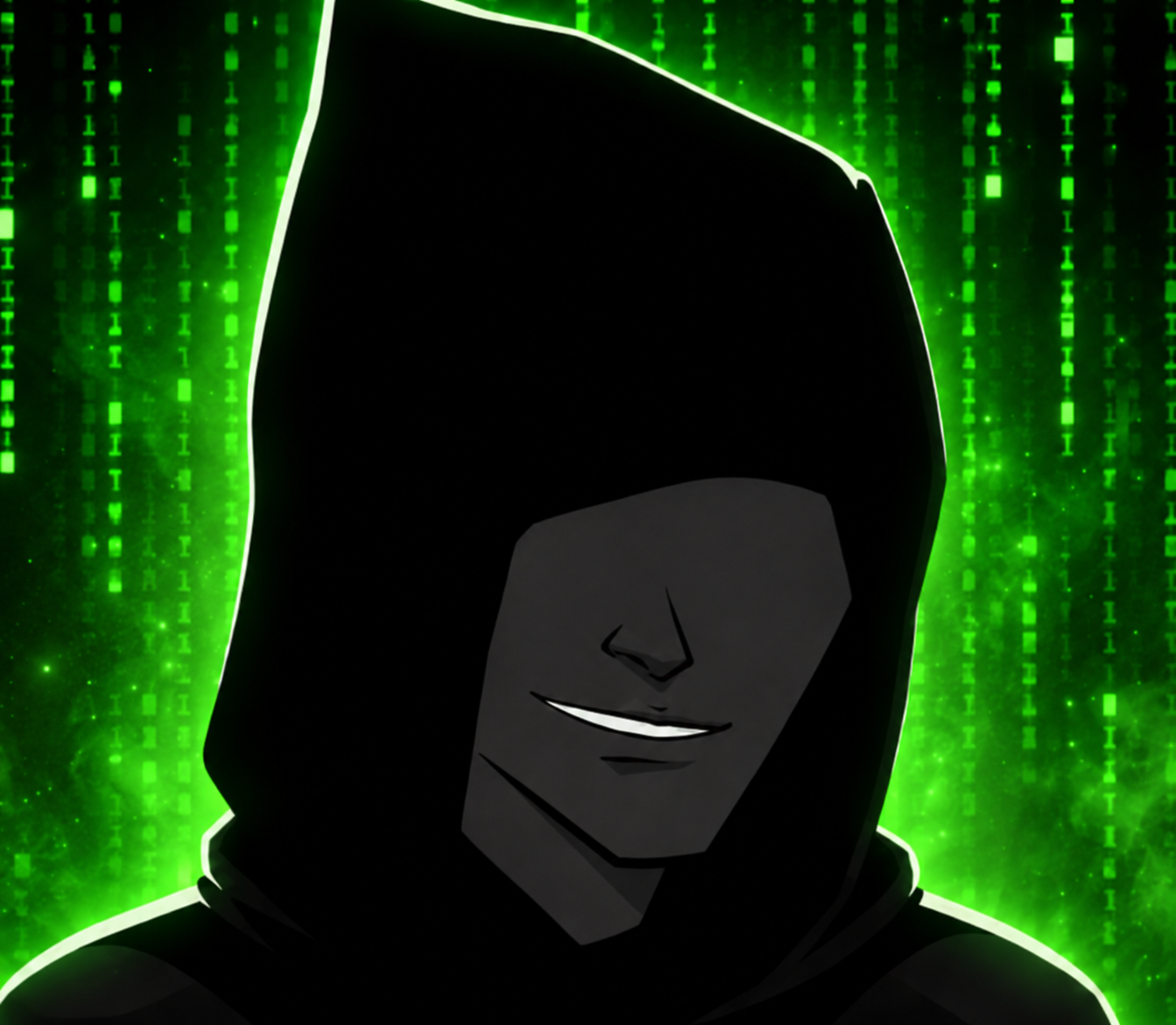 Hooded believer in front of falling green code