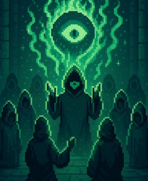 Pixel art of hooded figures beneath a glowing green eye