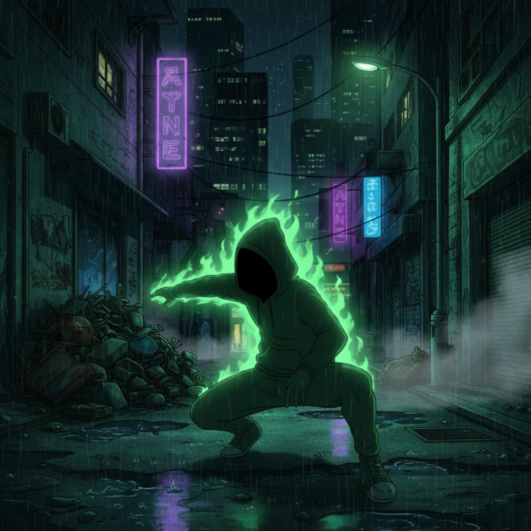 Hooded figure wrapped in green flame in a rainy neon alley