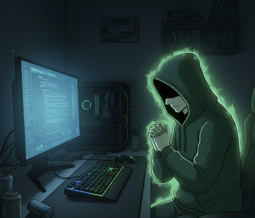 Hooded person praying in front of a computer at night